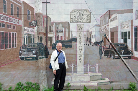 Lee Duquette and a mural - Dawson Creek's downtown street scene 2009